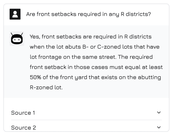 Screenshot of the real estate zoning regulations chatbot AI in action.